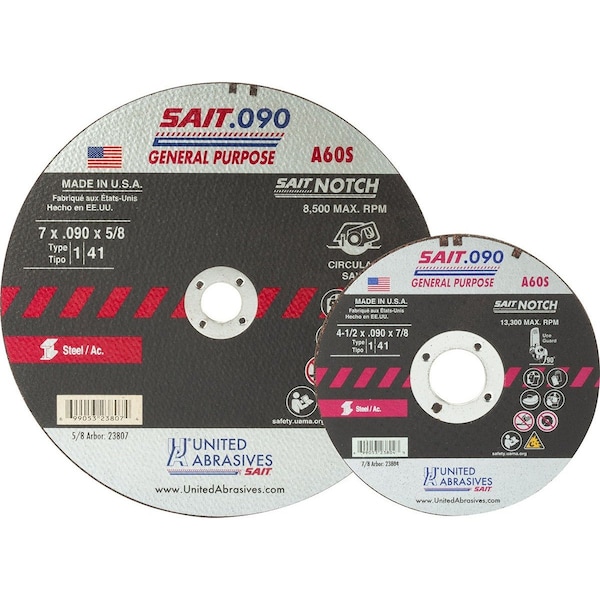 United Abrasives/Sait Abrasive Cut-Off Wheel, Type 1-/ Type 41, 6 in Dia, 0.09 in Thick, 7/8 in Arbor Hole Size 23806 - main